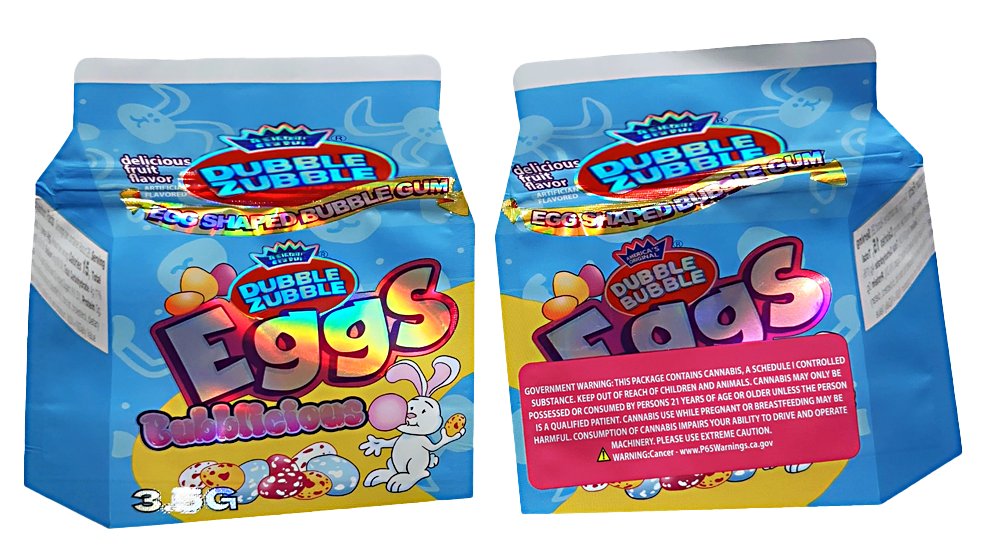 Two Mylar Bag packages of Bubble Gum Eggs with colorful packaging on a white background