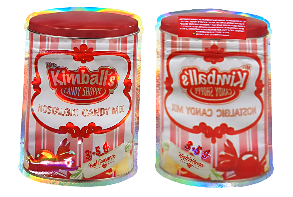 Mylar bag 3.5g, herb Mylar Bags, Where to buy mylar bags, Custom mylar bags near me, Mylar Bags Wholesale. Two tins of Kimball's Candy Shoppe Nostalgic Candy Mix with colorful reflections.