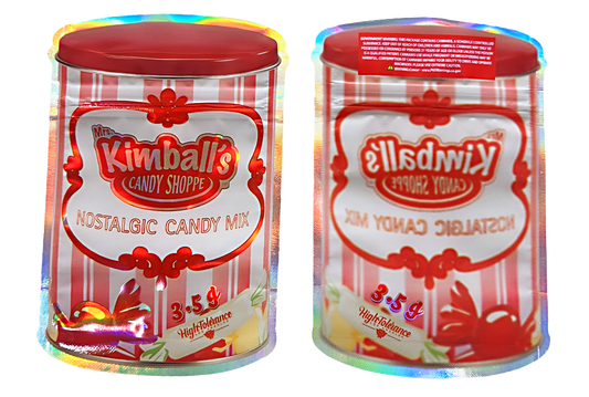 Mylar bag 3.5g, herb Mylar Bags, Where to buy mylar bags, Custom mylar bags near me, Mylar Bags Wholesale. Two tins of Kimball's Candy Shoppe Nostalgic Candy Mix with colorful reflections.