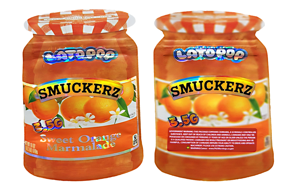 Two jars Mylar Bags of Smuckerz sweet orange marmalade on a white background