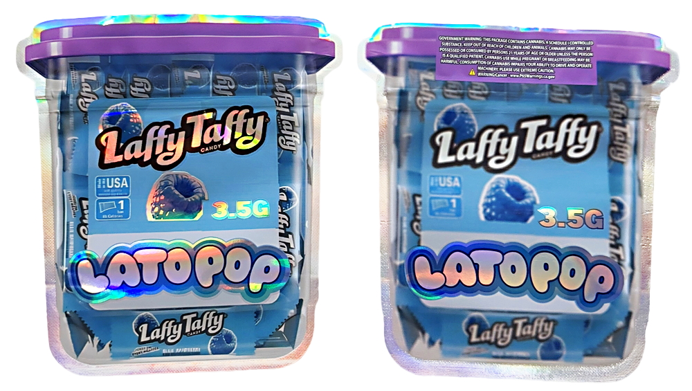 Mylar bag 3.5g, herb Mylar Bags, Where to buy mylar bags, Custom mylar bags near me, Mylar Bags Wholesale. Two containers of Laffy Taffy Lato Pop candy with colorful packaging.