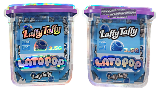 Mylar bag 3.5g, herb Mylar Bags, Where to buy mylar bags, Custom mylar bags near me, Mylar Bags Wholesale. Two containers of Laffy Taffy Lato Pop candy with colorful packaging.