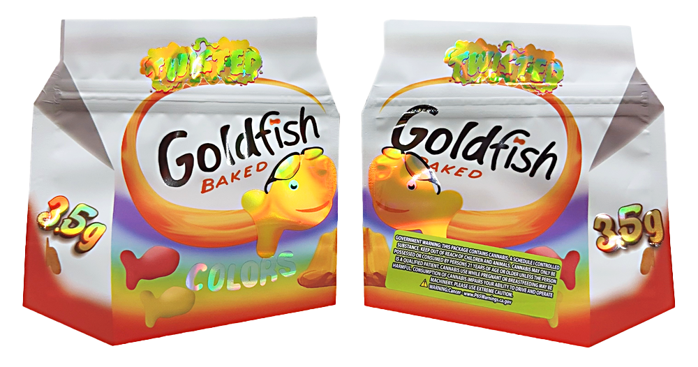 Mylar bag 3.5g, herb Mylar Bags, Where to buy mylar bags, Custom mylar bags near me, Mylar Bags Wholesale. Two packages of Goldfish crackers on a white background