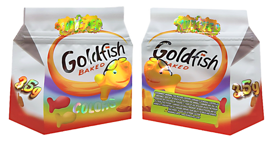 Mylar bag 3.5g, herb Mylar Bags, Where to buy mylar bags, Custom mylar bags near me, Mylar Bags Wholesale. Two packages of Goldfish crackers on a white background
