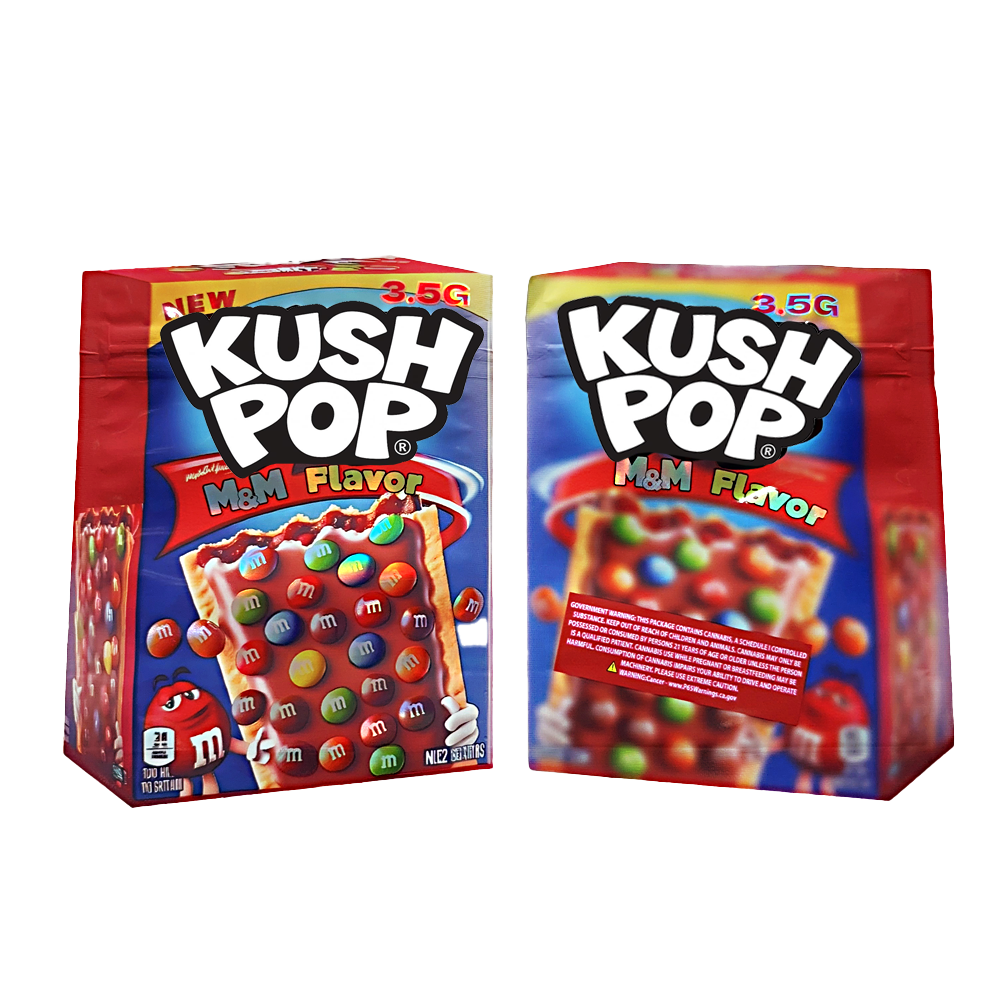 Two Mylar Bags packages of Kush Pop M&M Flavor candy on a white background