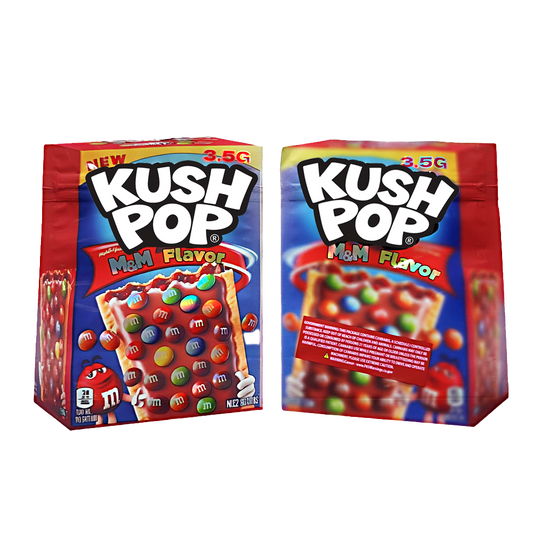Two Mylar Bags packages of Kush Pop M&M Flavor candy on a white background