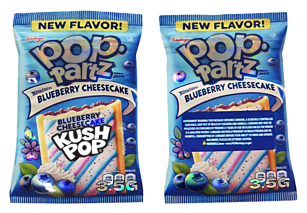 Two Mylar Bags packages of Pop-Tarts Blueberry Cheesecake flavor on a white background