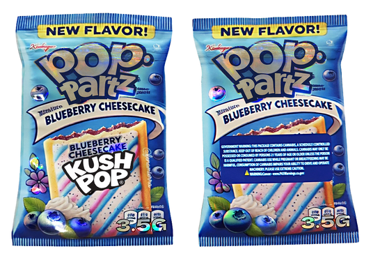 Two Mylar Bags packages of Pop-Tarts Blueberry Cheesecake flavor on a white background