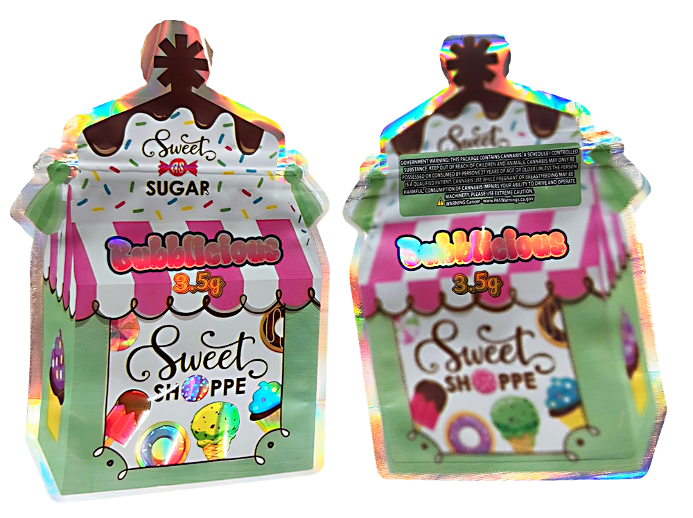 Mylar bag 3.5g, herb Mylar Bags, Where to buy mylar bags, Custom mylar bags near me, Mylar Bags Wholesale. Two packages of 'Sweet Shoppe' bubblegum with colorful packaging on a white background.