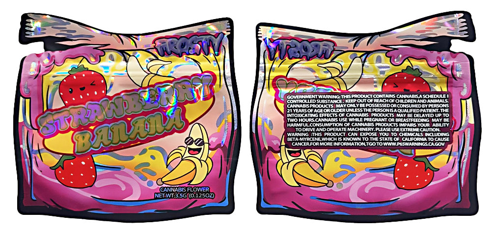 Mylar bag 3.5g, herb Mylar Bags, Where to buy mylar bags, Custom mylar bags near me, Mylar Bags Wholesale. Two colorful packages labeled 'Strawberry Banana' with cartoon characters on a white background.