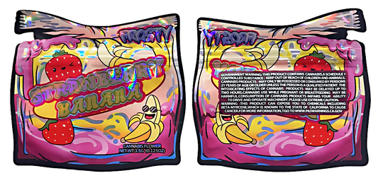 Mylar bag 3.5g, herb Mylar Bags, Where to buy mylar bags, Custom mylar bags near me, Mylar Bags Wholesale. Two colorful packages labeled 'Strawberry Banana' with cartoon characters on a white background.