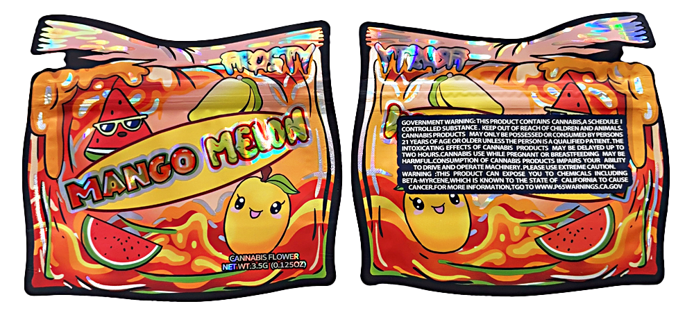 Mylar bag 3.5g, herb Mylar Bags, Where to buy mylar bags, Custom mylar bags near me, Mylar Bags Wholesale. Two packages of Mango Melon candy with colorful designs and text.