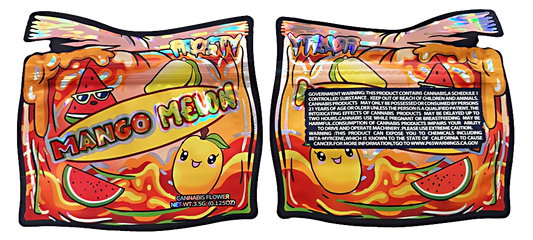 Mylar bag 3.5g, herb Mylar Bags, Where to buy mylar bags, Custom mylar bags near me, Mylar Bags Wholesale. Two packages of Mango Melon candy with colorful designs and text.