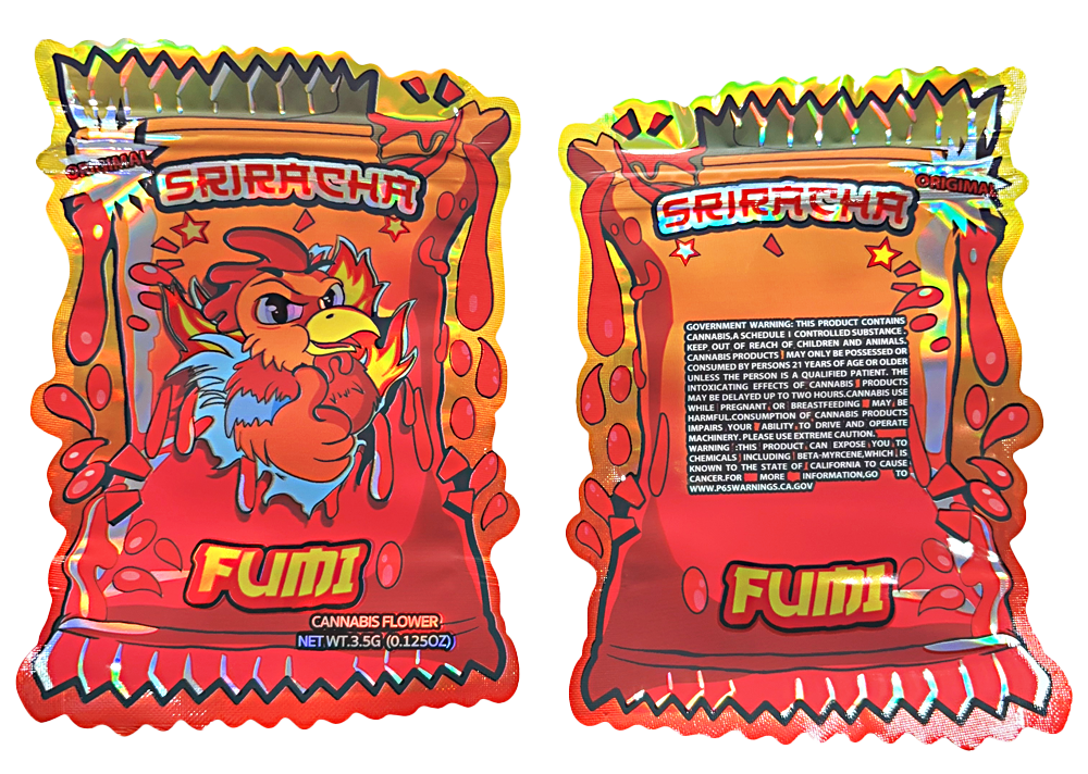 Mylar bag 3.5g, herb Mylar Bags, Where to buy mylar bags, Custom mylar bags near me, Mylar Bags Wholesale. Fumi Sriracha themed packaging with cartoon rooster on a white background