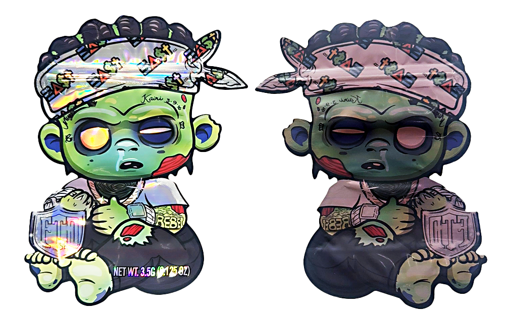 Mylar bag 3.5g, herb Mylar Bags, Where to buy mylar bags, Custom mylar bags near me, Mylar Bags Wholesale. Two cartoon zombie figures with colorful outfits and accessories on a white background