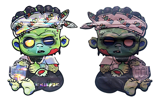 Mylar bag 3.5g, herb Mylar Bags, Where to buy mylar bags, Custom mylar bags near me, Mylar Bags Wholesale. Two cartoon zombie figures with colorful outfits and accessories on a white background