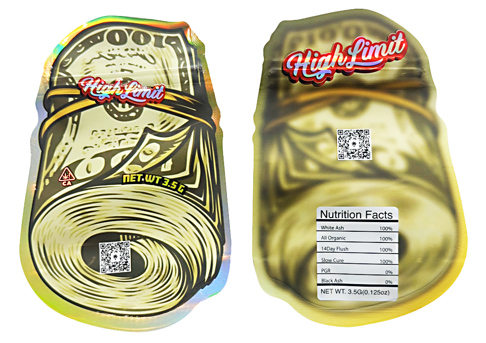Mylar bag 3.5g, herb Mylar Bags, Where to buy mylar bags, Custom mylar bags near me, Mylar Bags Wholesale. Two packages of 'High Limit' product with visible branding and nutritional information.