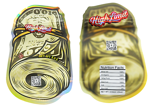 Mylar bag 3.5g, herb Mylar Bags, Where to buy mylar bags, Custom mylar bags near me, Mylar Bags Wholesale. Two packages of 'High Limit' product with visible branding and nutritional information.
