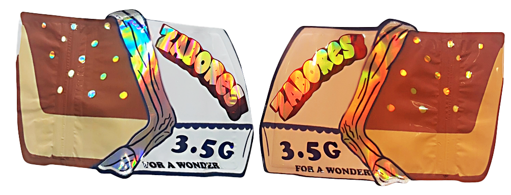 Mylar bag 3.5g, herb Mylar Bags, Where to buy mylar bags, Custom mylar bags near me, Mylar Bags Wholesale. Two Zabors candy packages with colorful labels on a white background