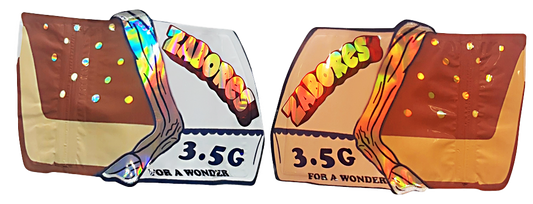 Mylar bag 3.5g, herb Mylar Bags, Where to buy mylar bags, Custom mylar bags near me, Mylar Bags Wholesale. Two Zabors candy packages with colorful labels on a white background