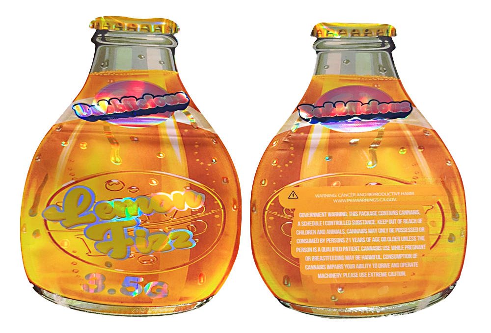 Mylar bag 3.5g, herb Mylar Bags, Where to buy mylar bags, Custom mylar bags near me, Mylar Bags Wholesale. Two bottles of Lemon Fizz with colorful labels on a white background