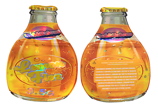 Mylar bag 3.5g, herb Mylar Bags, Where to buy mylar bags, Custom mylar bags near me, Mylar Bags Wholesale. Two bottles of Lemon Fizz with colorful labels on a white background