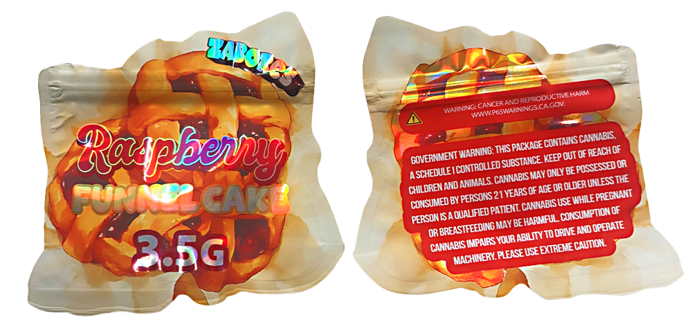 Mylar bag 3.5g, herb Mylar Bags, Where to buy mylar bags, Custom mylar bags near me, Mylar Bags Wholesale. Two packages of raspberry fudge cake with warning labels on a white background