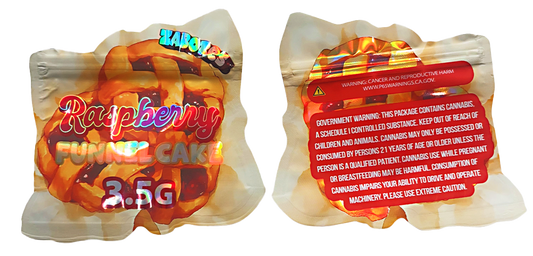 Mylar bag 3.5g, herb Mylar Bags, Where to buy mylar bags, Custom mylar bags near me, Mylar Bags Wholesale. Two packages of raspberry fudge cake with warning labels on a white background