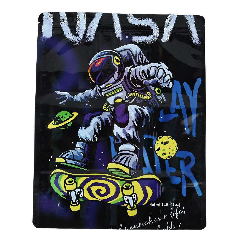 Mylar bag 1LB, herb Mylar Bags, Where to buy mylar bags, Custom mylar bags near me, Mylar Bags Wholesale. Packaging with an astronaut on a skateboard design, featuring space-themed elements.