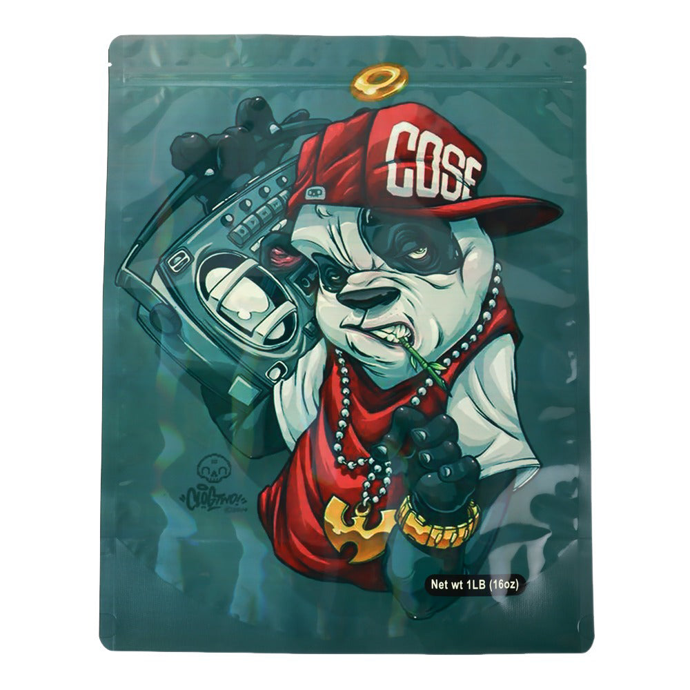 Mylar bag 1LB, herb Mylar Bags, Where to buy mylar bags, Custom mylar bags near me, Mylar Bags Wholesale. Drug packaging with a stylized panda bear wearing a red cap and smoking a cigarette.