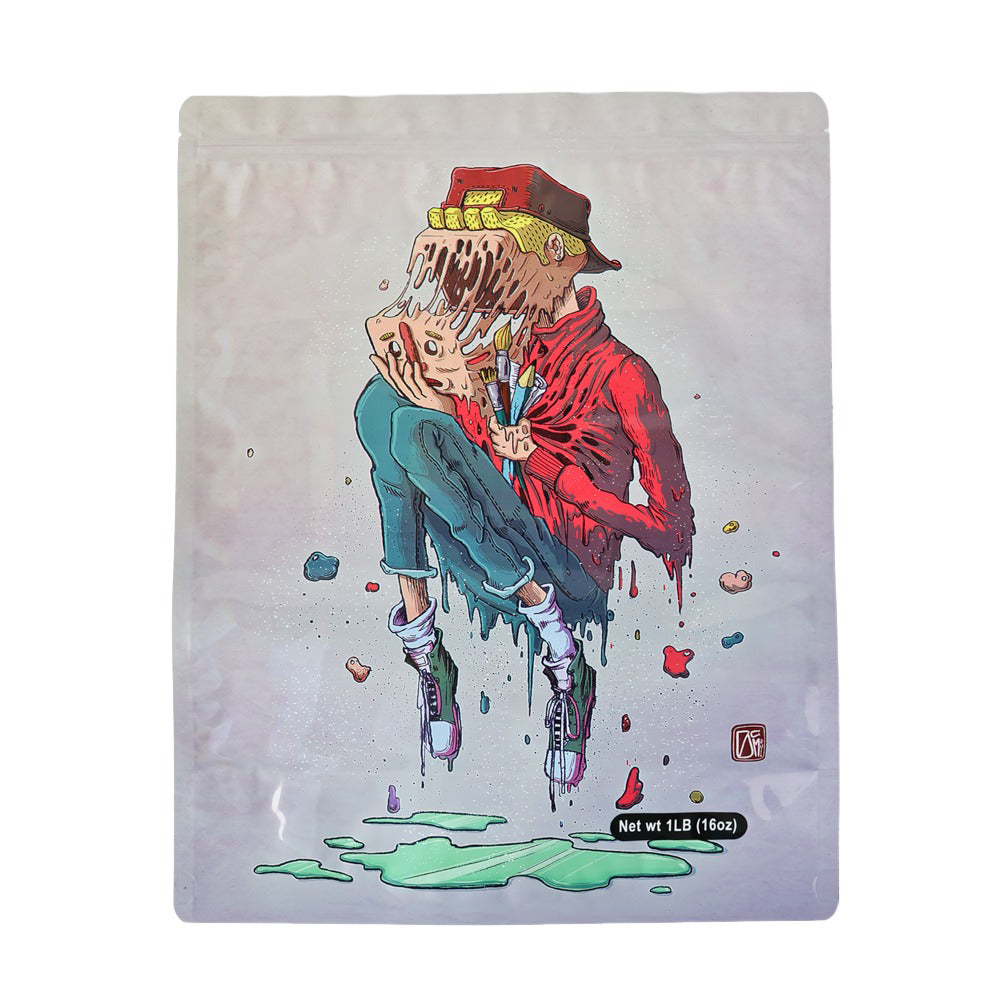 Mylar bag 1LB, herb Mylar Bags, Where to buy mylar bags, Custom mylar bags near me, Mylar Bags Wholesale. Artistic depiction of a person with a colorful, abstract design on a white background