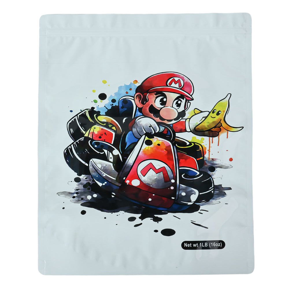 Mylar bag 1LB, herb Mylar Bags, Where to buy mylar bags, Custom mylar bags near me, Mylar Bags Wholesale. Character in a racing kart holding a banana on a white background