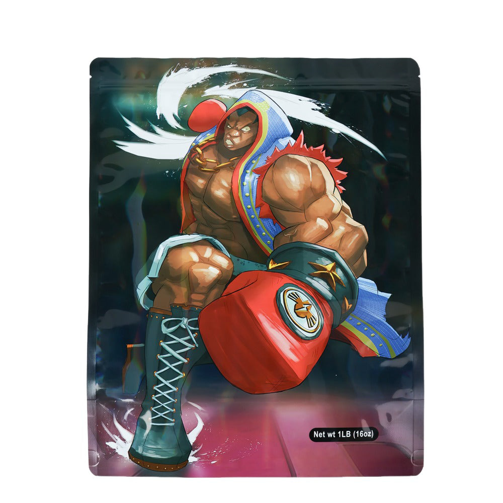 Mylar bag 1LB, herb Mylar Bags, Where to buy mylar bags, Custom mylar bags near me, Mylar Bags Wholesale. Character with boxing glove on a product packaging