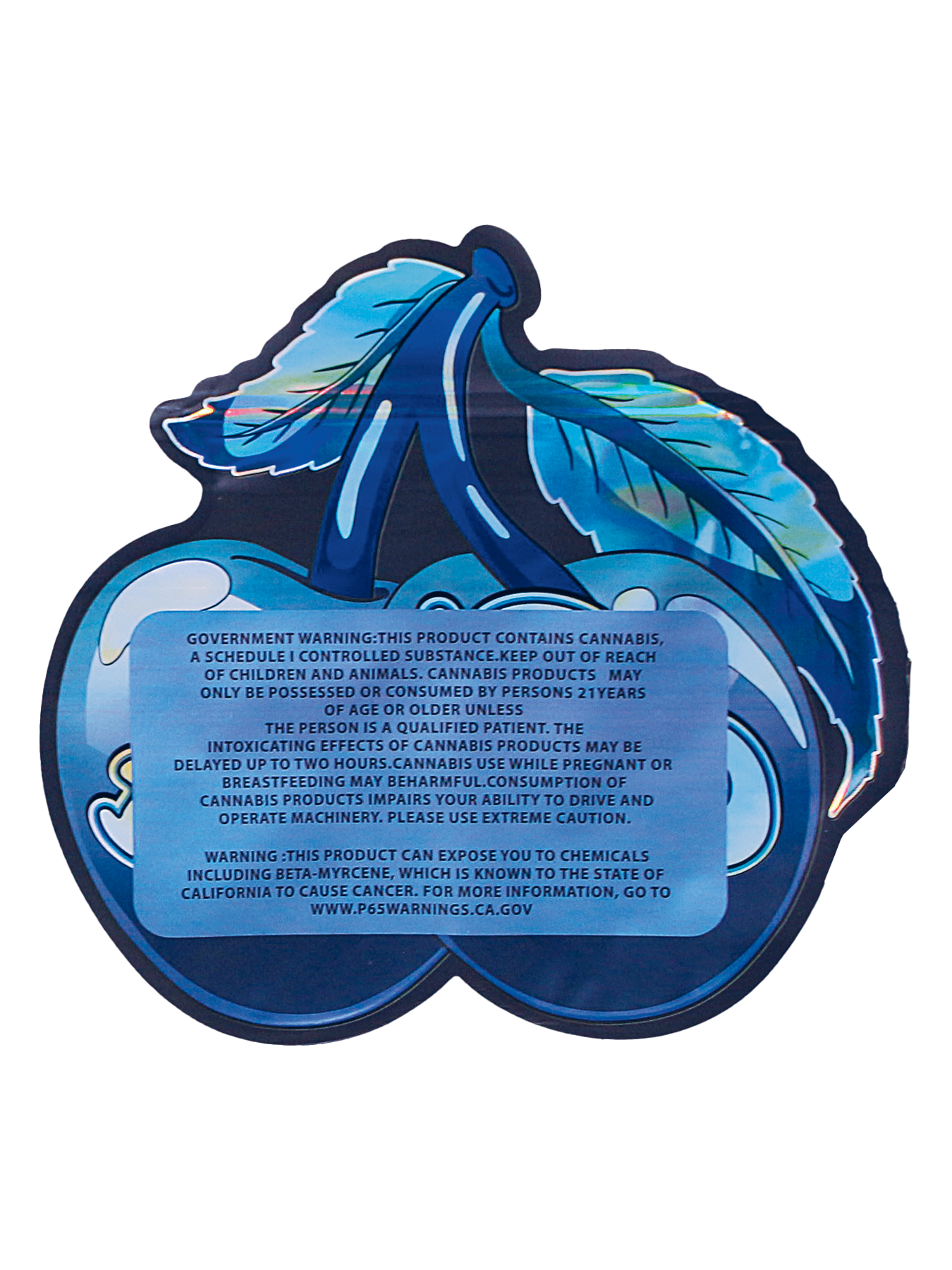 Mylar Bag Blue feathered product packaging with warning label on a white background