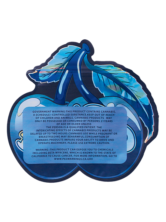 Mylar Bag Blue feathered product packaging with warning label on a white background