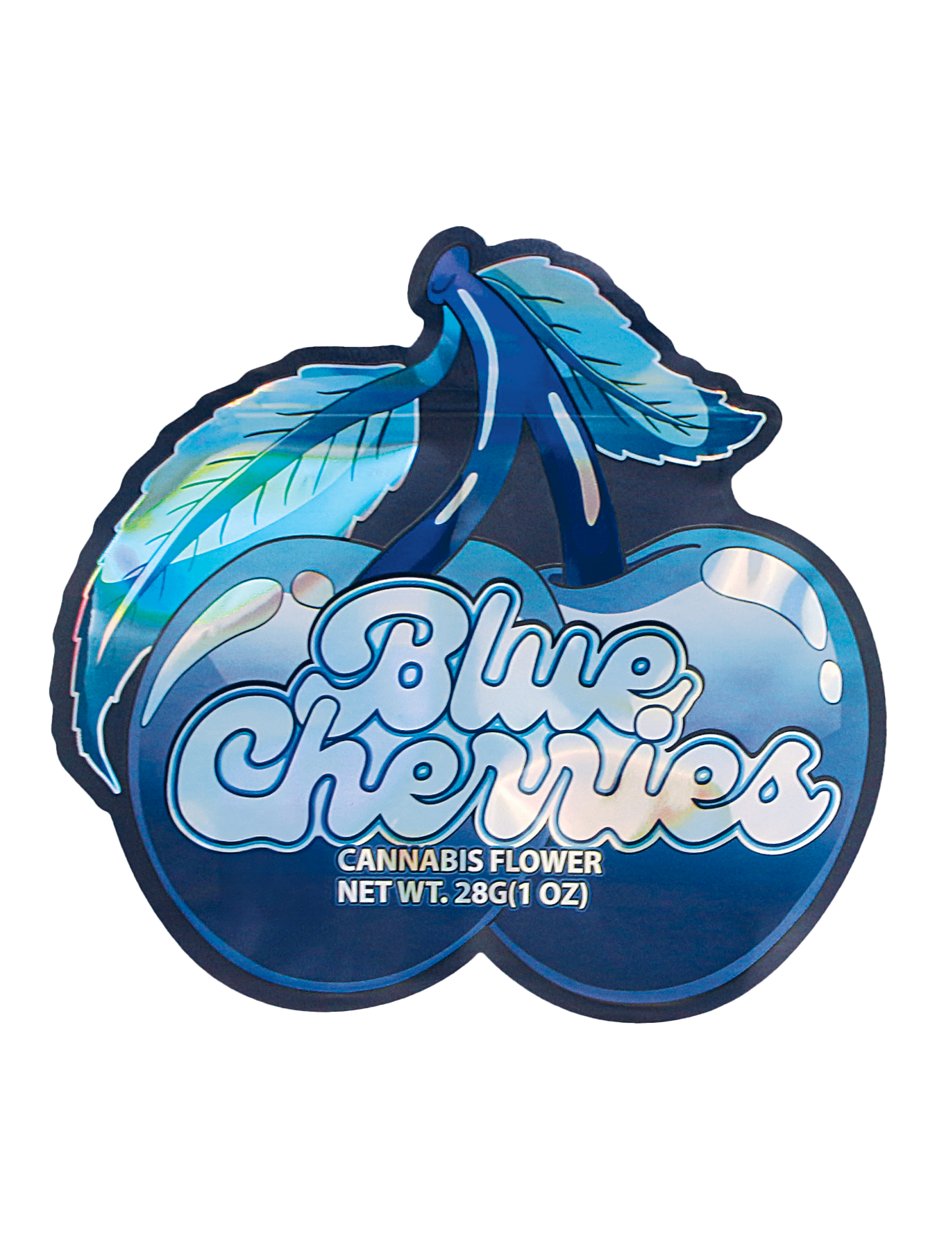 Mylar Bag Blue Cherries herb flower packaging on a white background