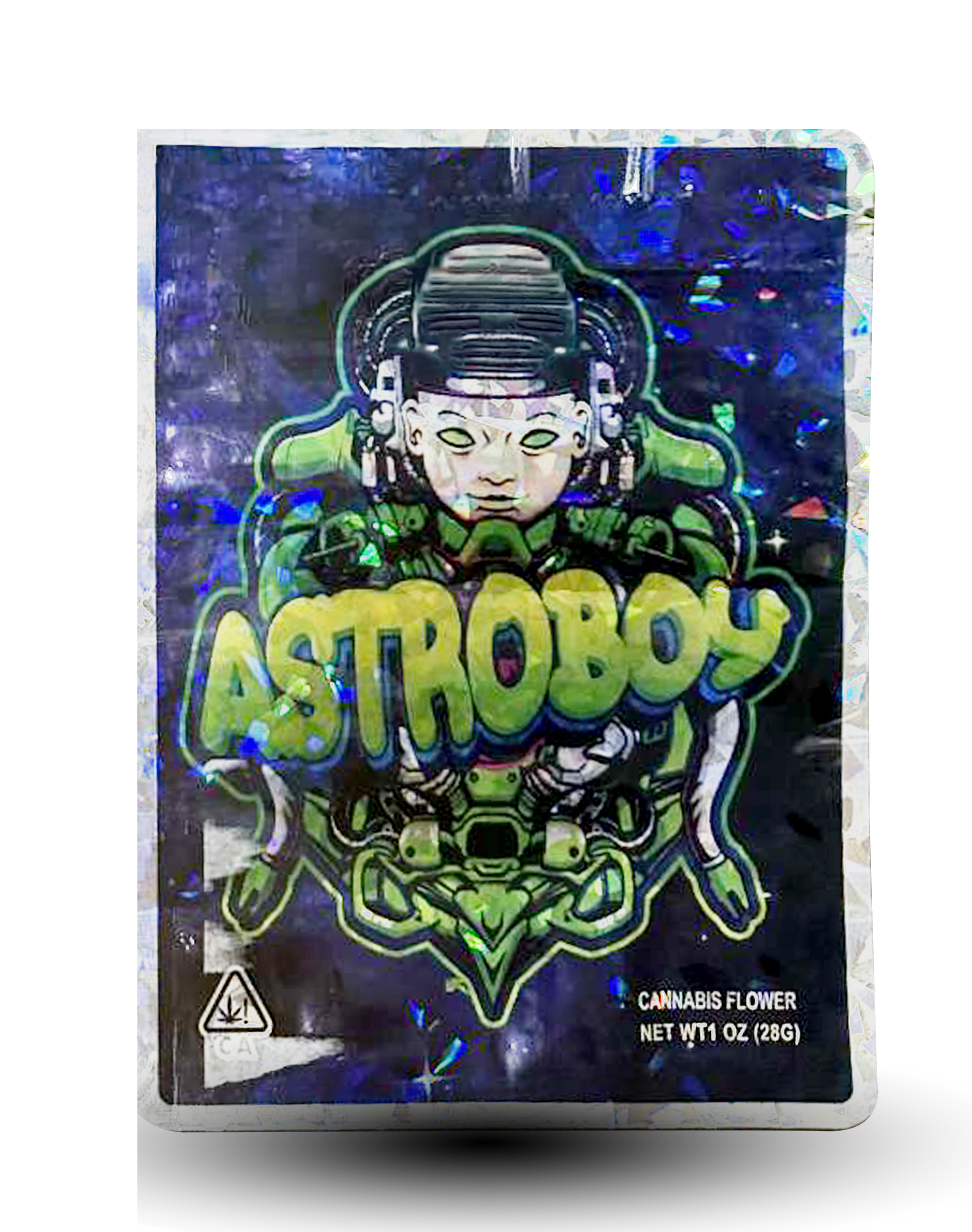 Mylar Bag herb packaging with Astroboy design on a white background