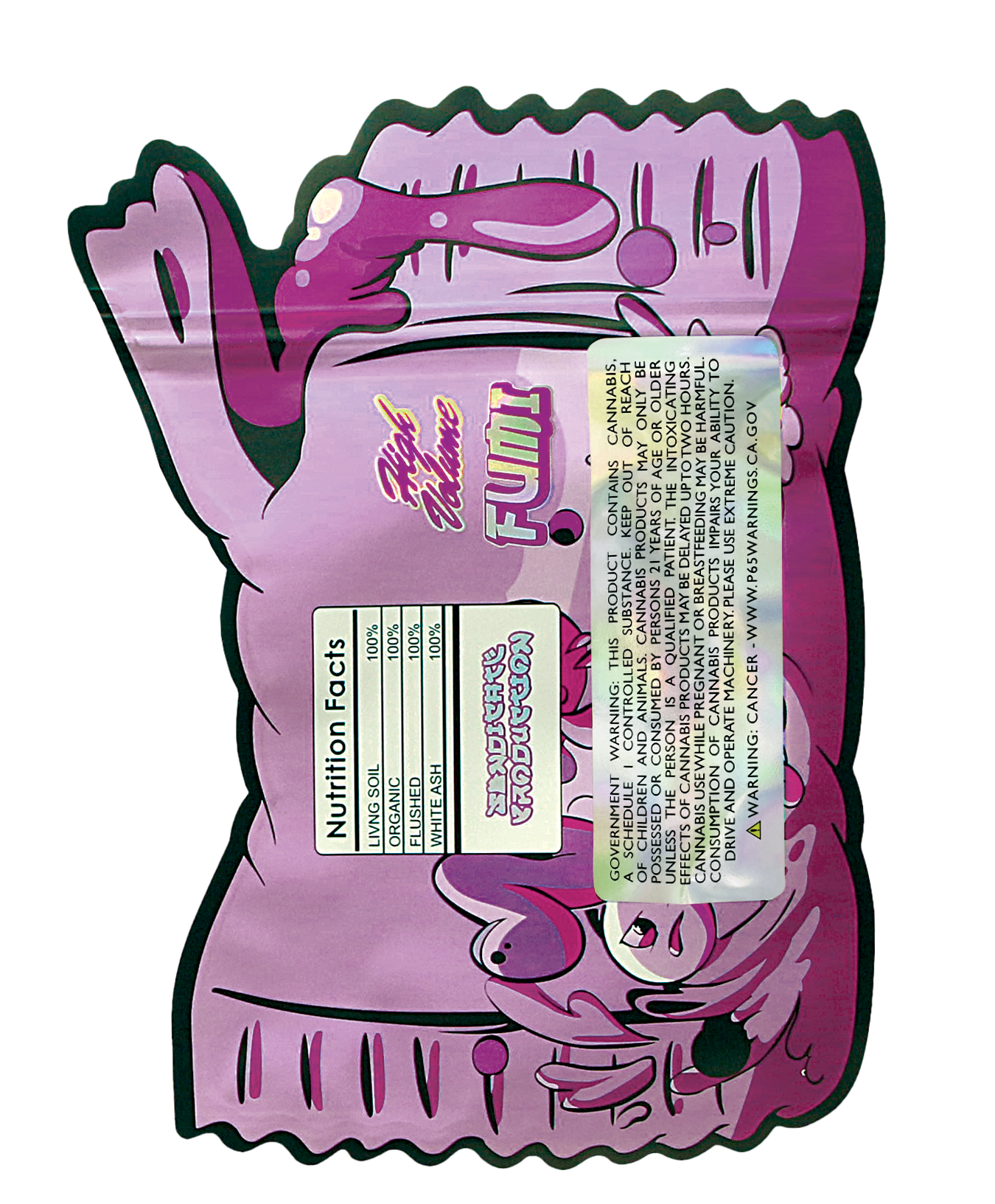 Mylar Bag Pink flamingo-shaped packaging with a label on a white background