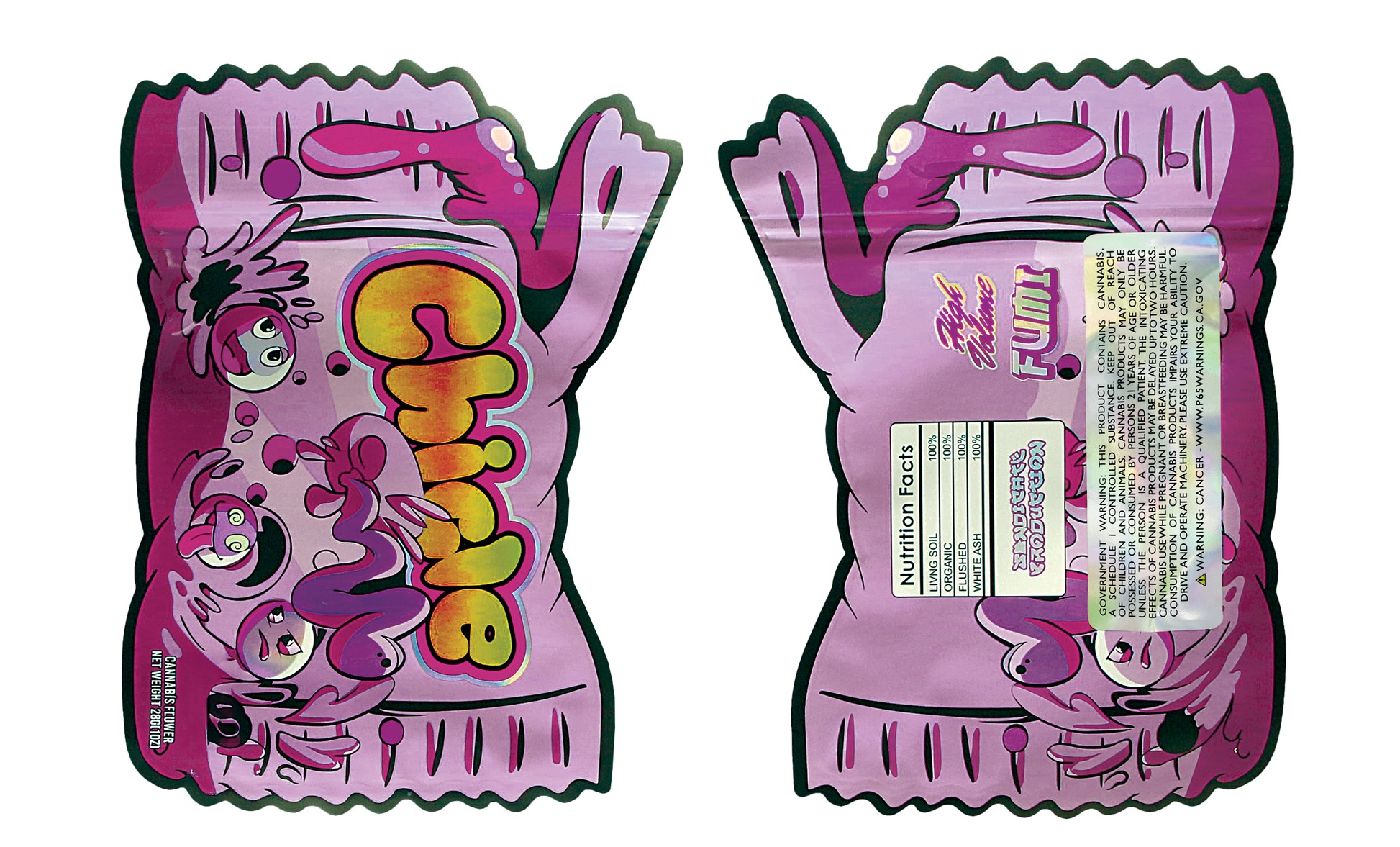 Mylar Bag Pink packaging with colorful graphics and text on a white background