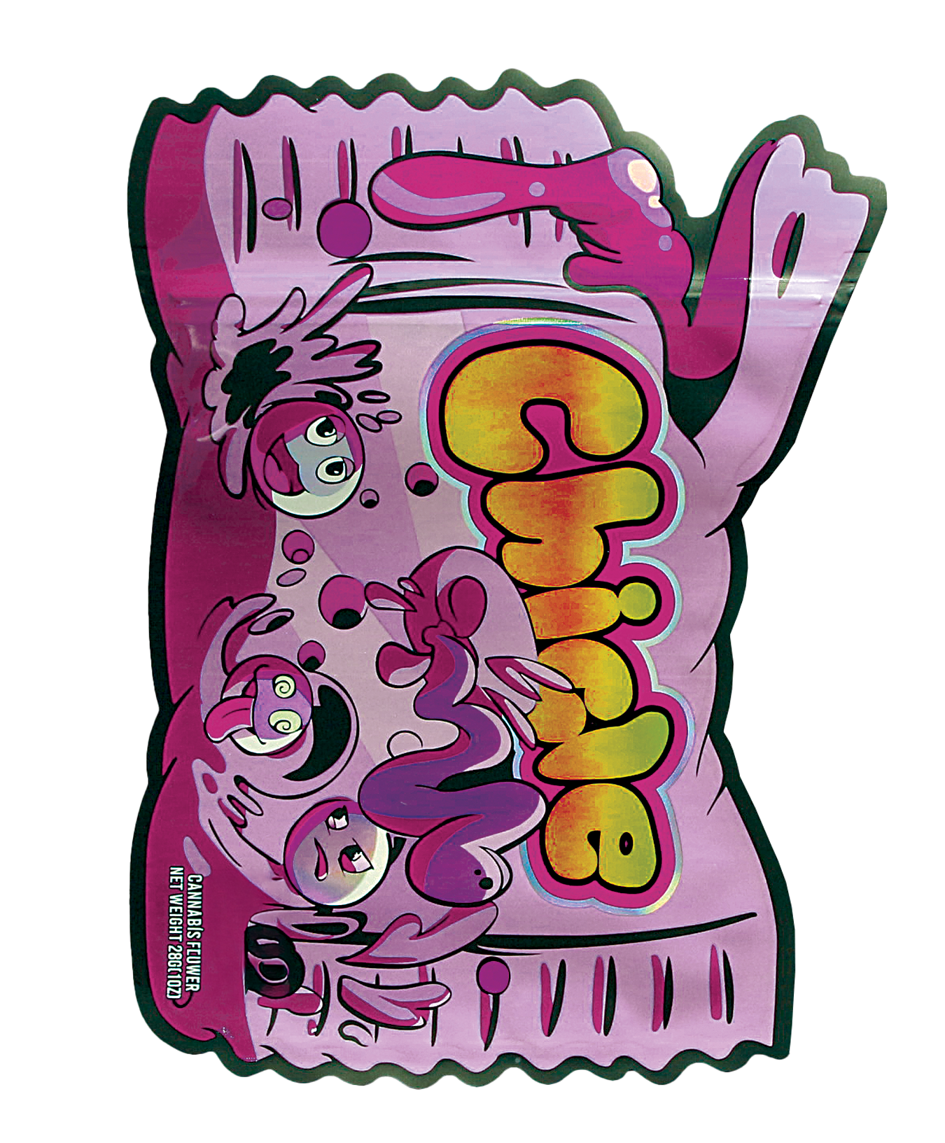 Mylar Bag Colorful packaging of a candy product with cartoon characters on a white background