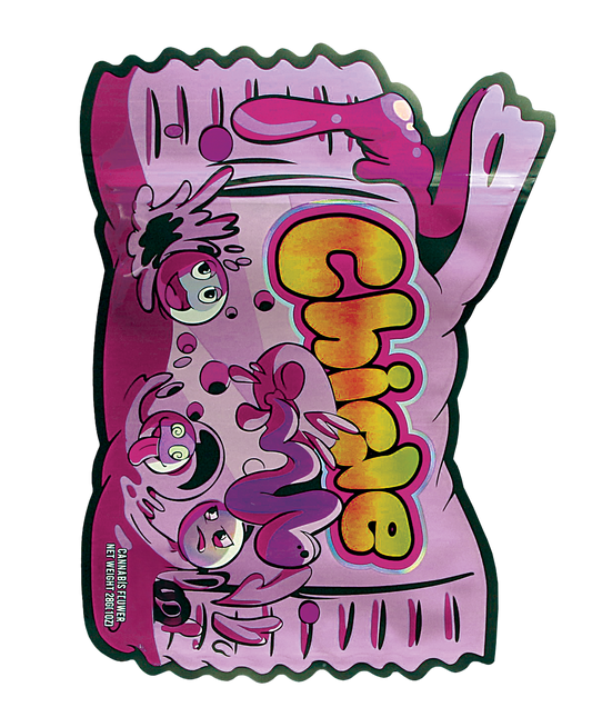 Mylar Bag Colorful packaging of a candy product with cartoon characters on a white background