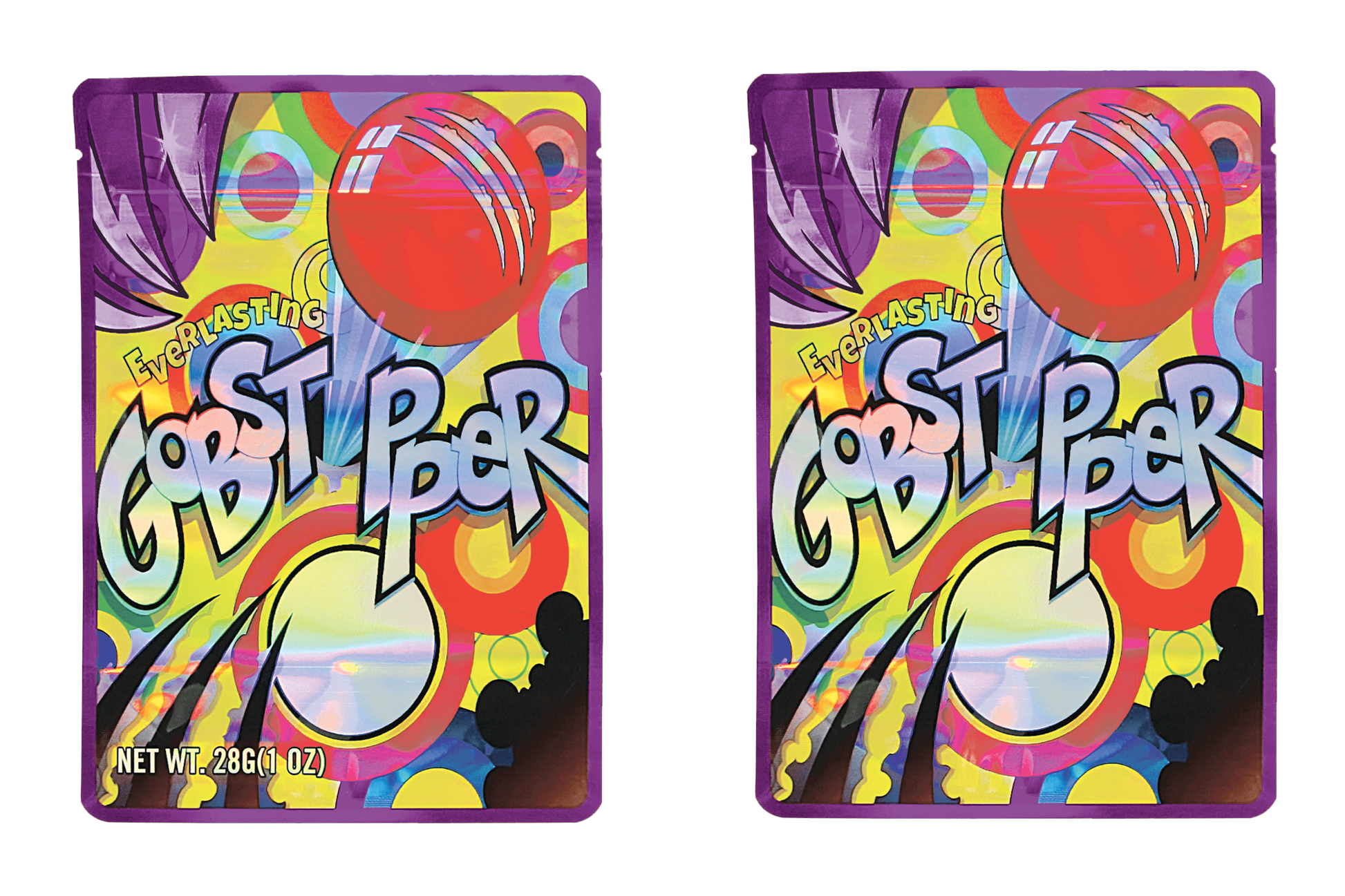 Mylar Bag Two colorful packages of Ewies' Big Goost Poper candy on a white background.