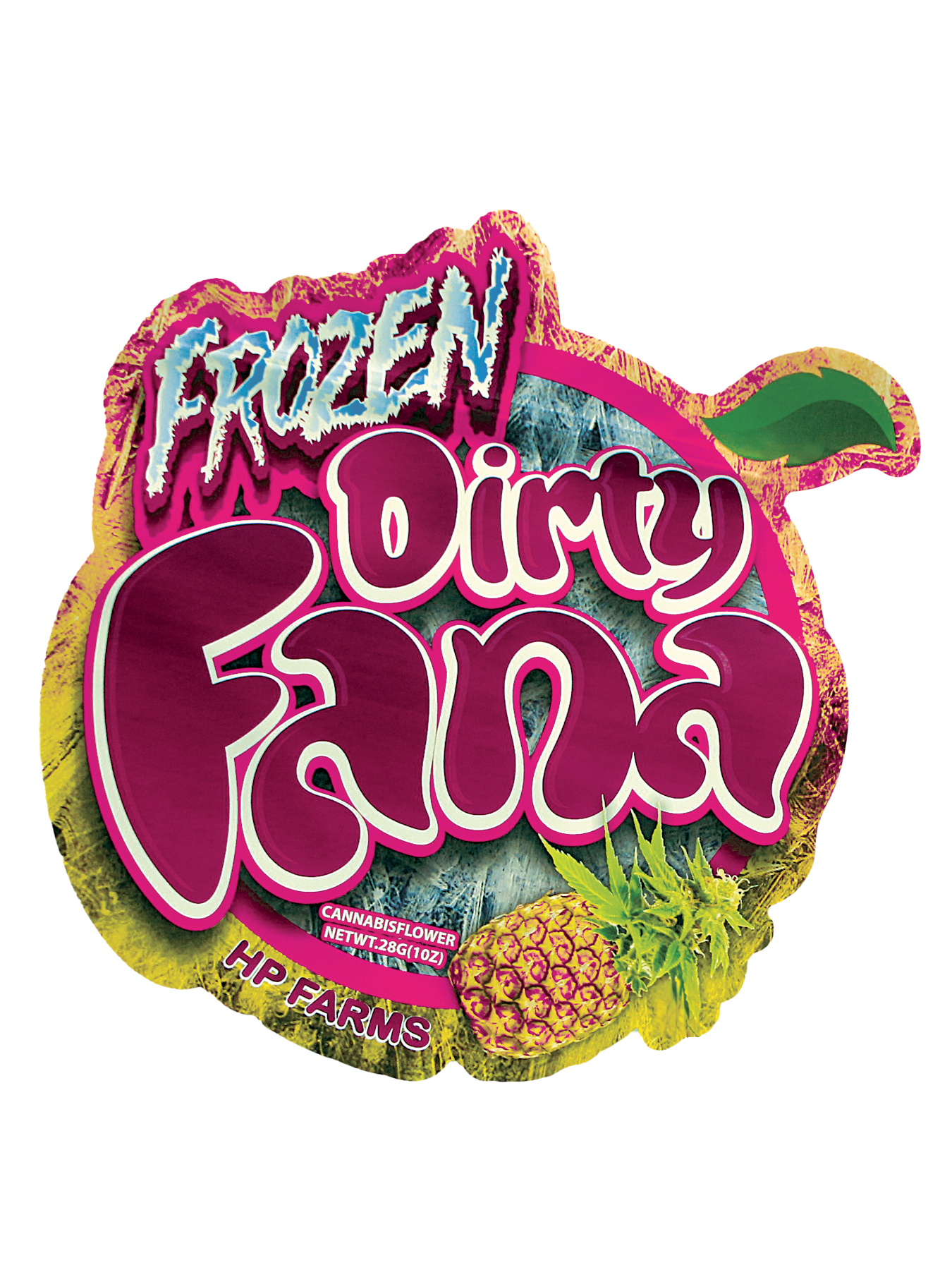 Mylar Bag Colorful logo with 'Frozen Dirty Fana' text and herbflower design on a white background