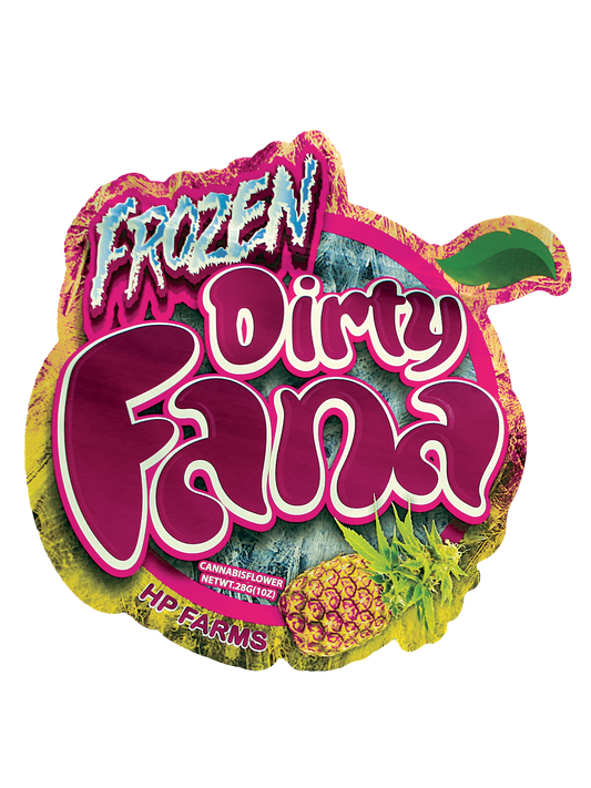 Mylar Bag Colorful logo with 'Frozen Dirty Fana' text and herbflower design on a white background