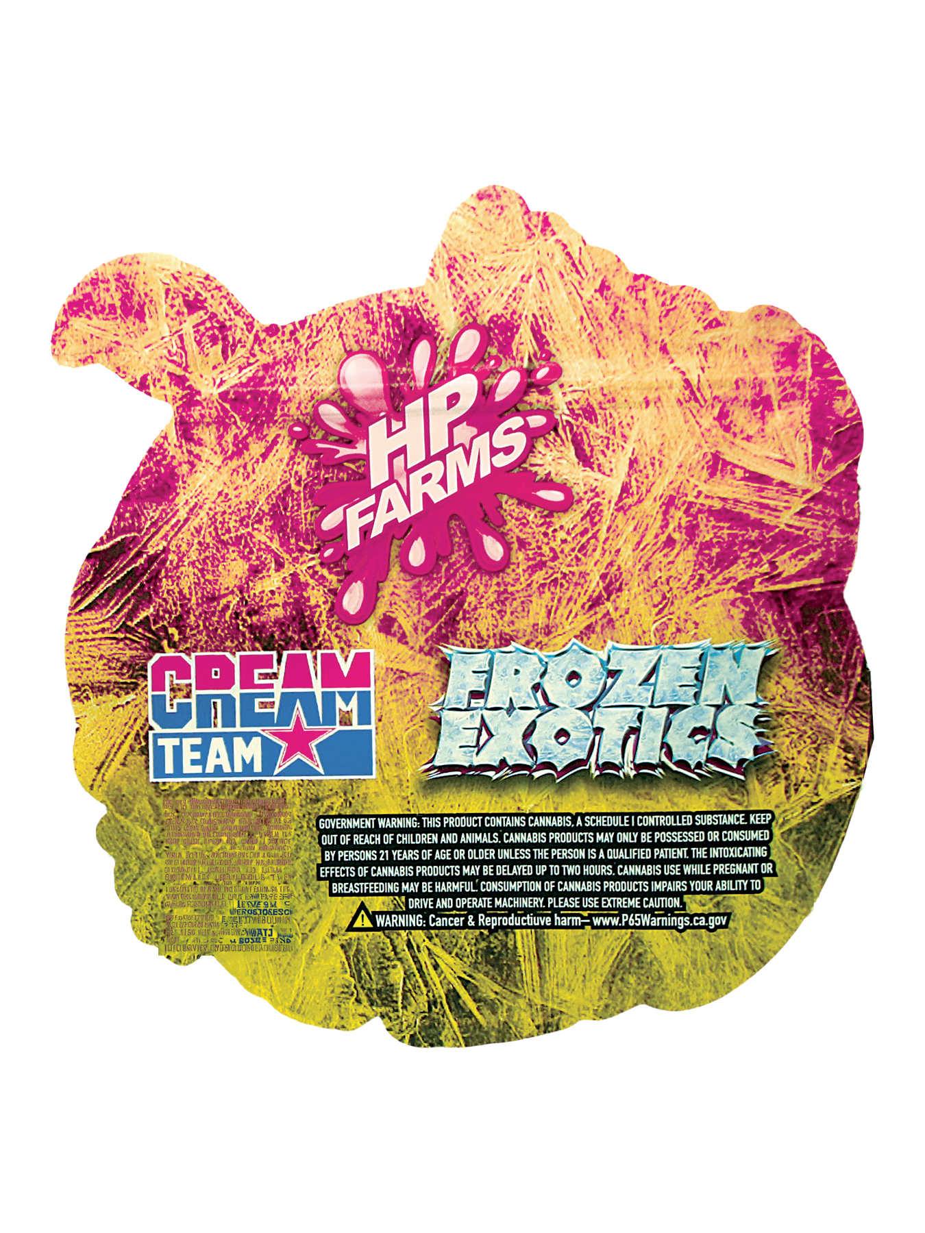 Mylar Bag Product packaging with HP Farms, Cream Team, and Frozen Exotics branding on a colorful background.
