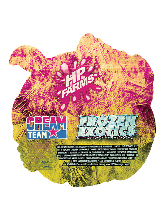 Mylar Bag Product packaging with HP Farms, Cream Team, and Frozen Exotics branding on a colorful background.