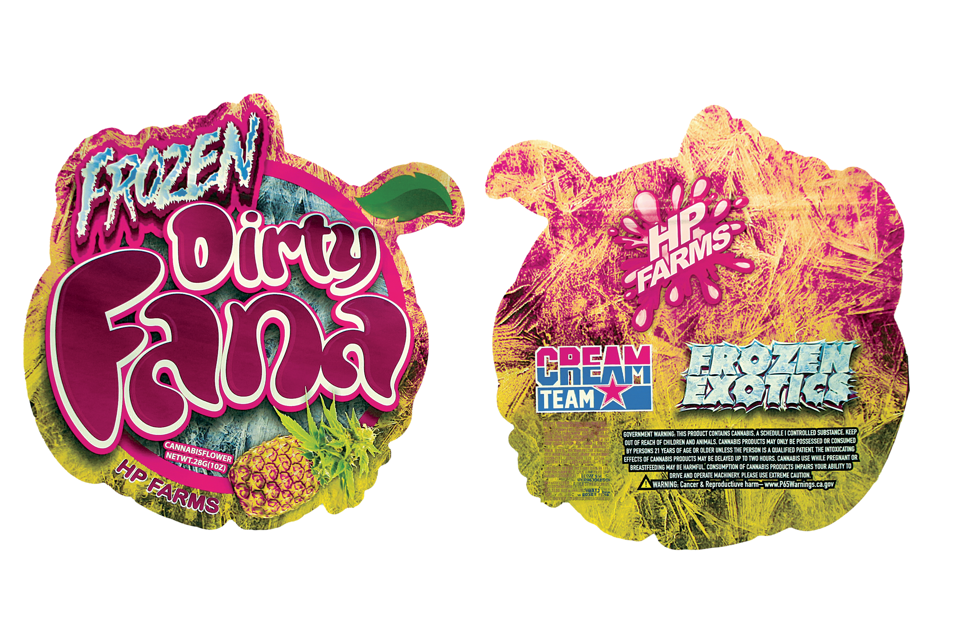 Mylar Bag Two colorful product packages with branding on a white background