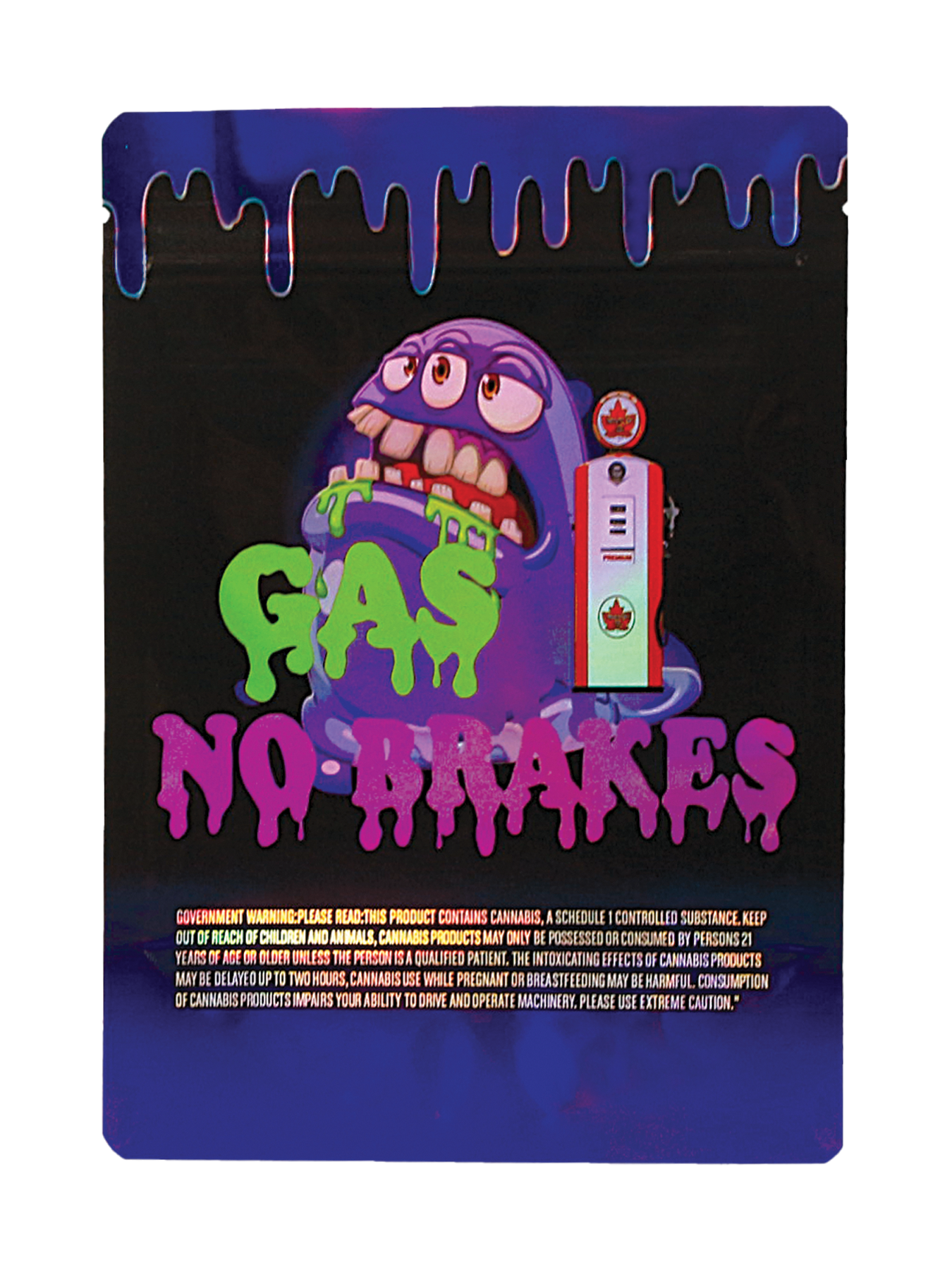 Mylar Bag Colorful packaging with a cartoon character and text on a black background