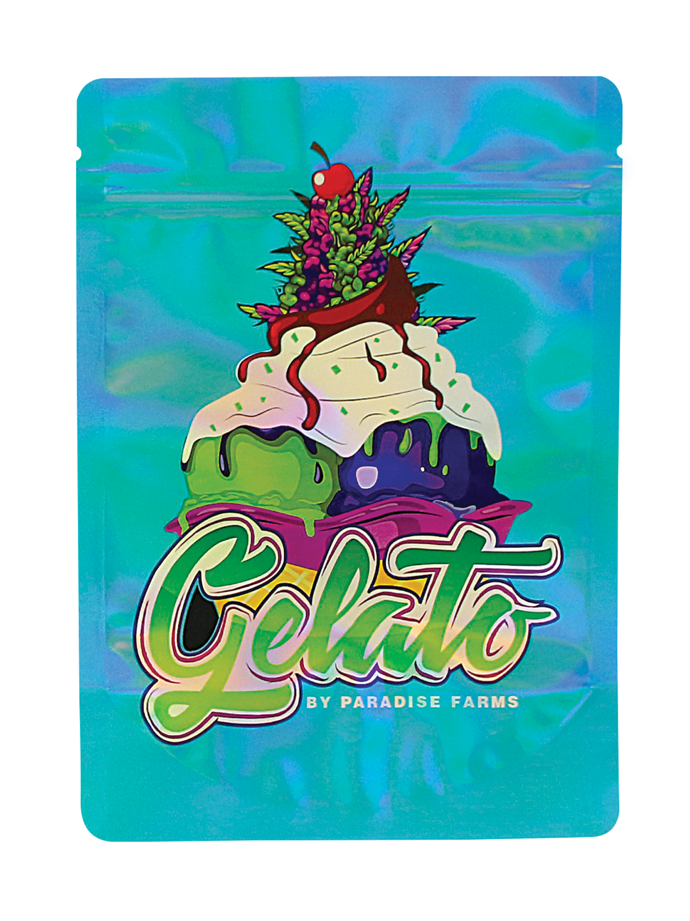 Large mylar bags, herb Mylar Bags, Mylar Bags 28 grams, Where to buy mylar bags, Custom mylar bags near me.  Gelato-themed packaging with ice cream cone illustration on a blue background