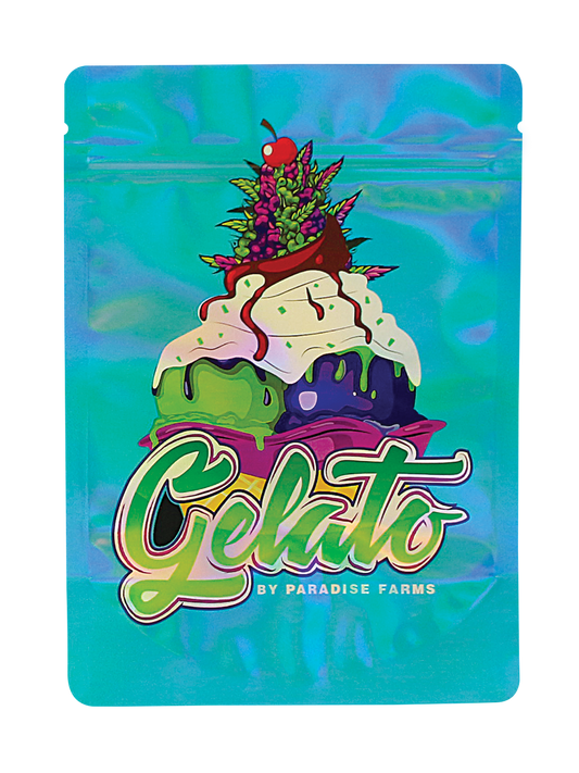 Mylar Bag Gelato-themed packaging with ice cream cone illustration on a blue background